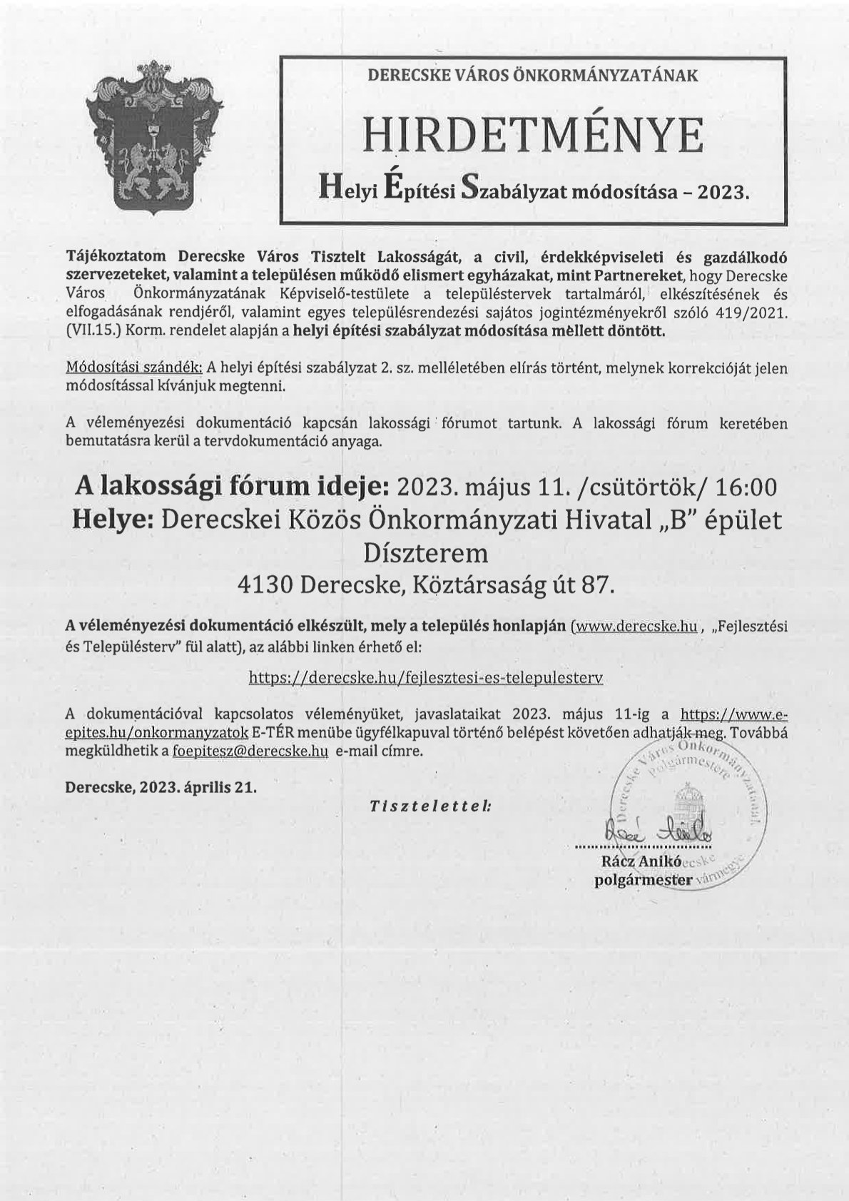 Lakossági Fórum - Helyi Építési Szabályzat módosítása - 2023.